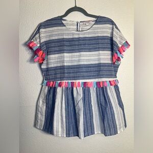 Andree by‎ Unit Blouse Womens Blue White Striped Tassel Boho Babydoll Top Size S